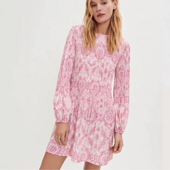 Maje Dresses & Skirts - Maje Pink & White Damask Print Pleated Dress